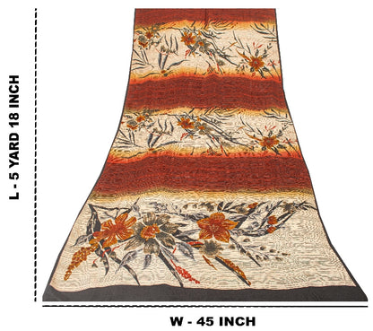 Sanskriti Vintage Sarees Ivory & Red Pure Crepe Floral Print 5+YD Indian Sari