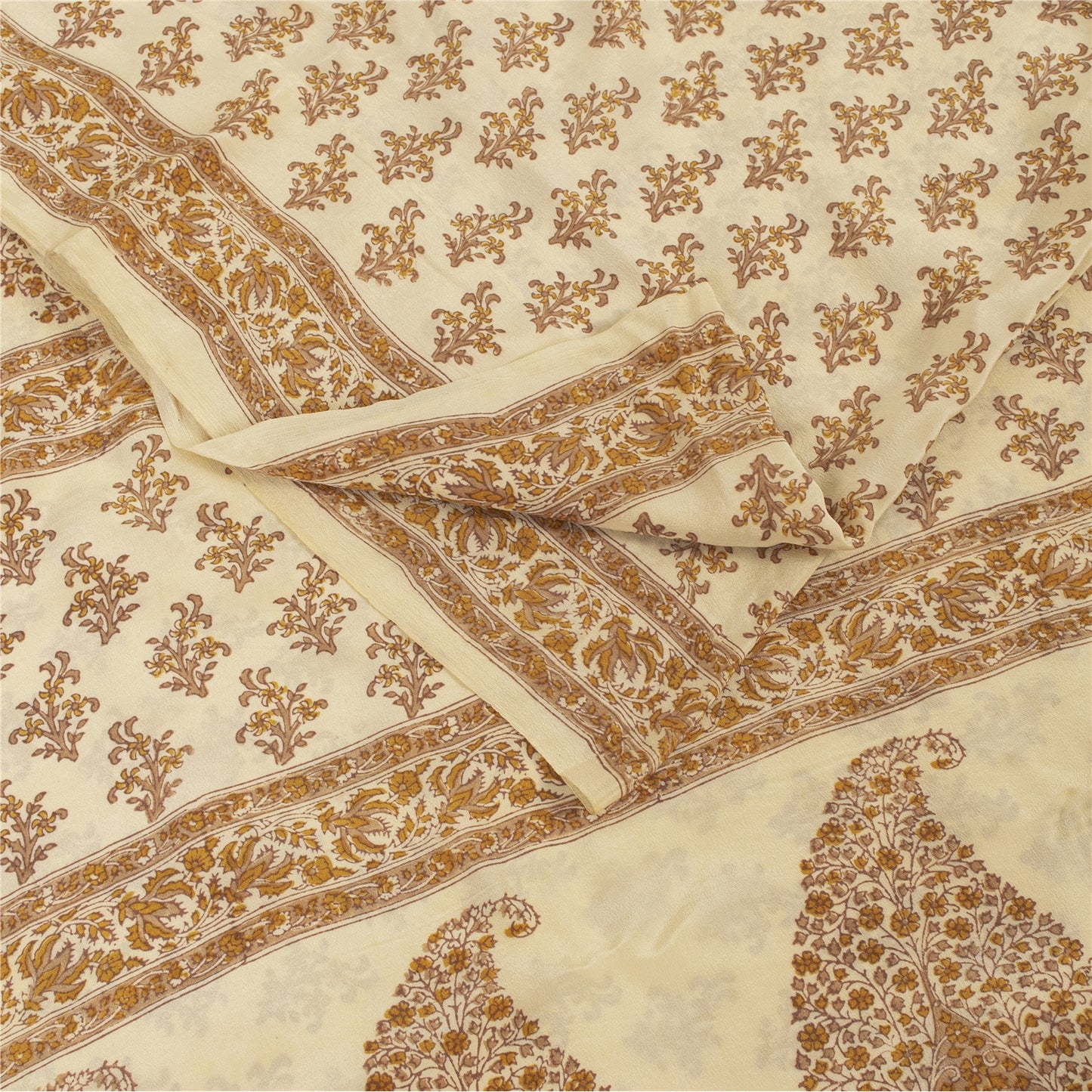 Sanskriti Vintage Sarees Ivory Pure Crepe Floral Printed Sari 5+yd Craft Supplie