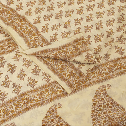 Sanskriti Vintage Sarees Ivory Pure Crepe Floral Printed Sari 5+yd Craft Supplie