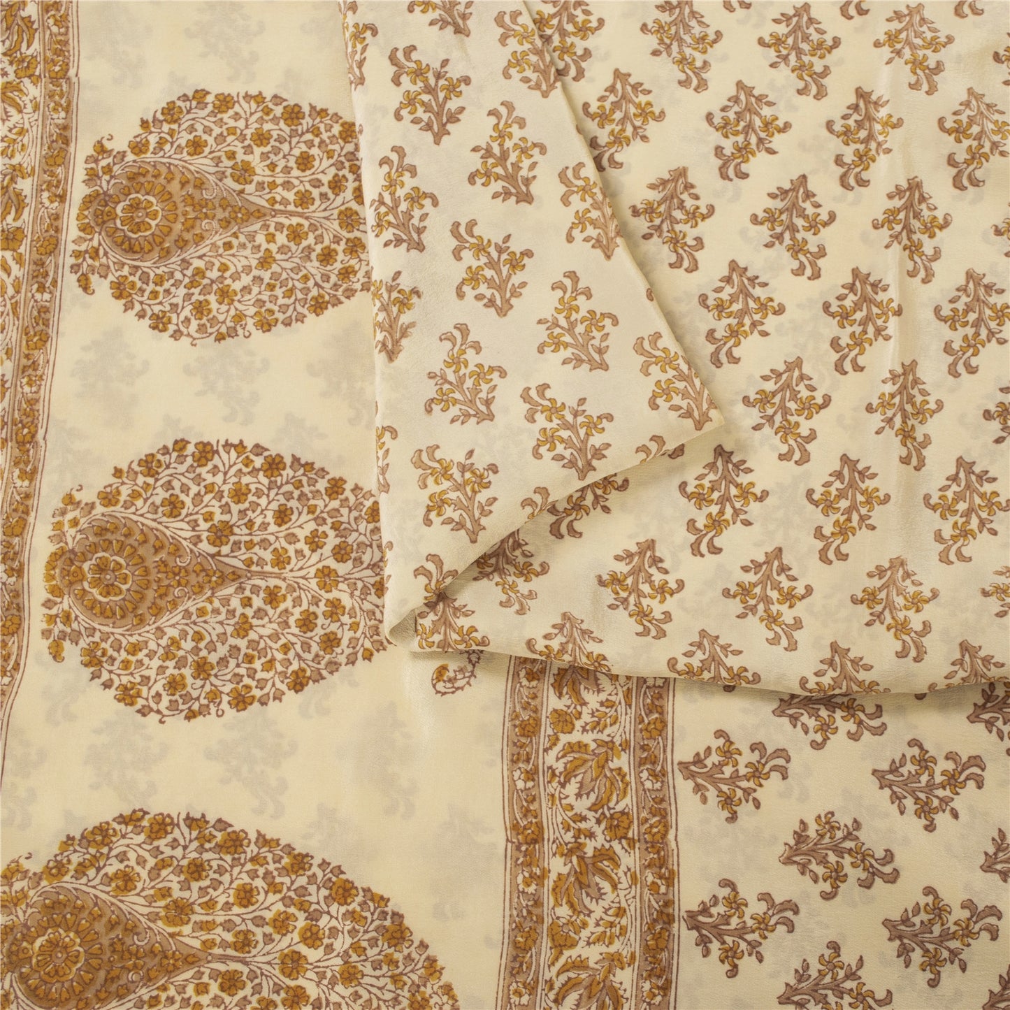 Sanskriti Vintage Sarees Ivory Pure Crepe Floral Printed Sari 5+yd Craft Supplie