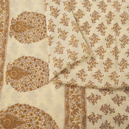 Sanskriti Vintage Sarees Ivory Pure Crepe Floral Printed Sari 5+yd Craft Supplie