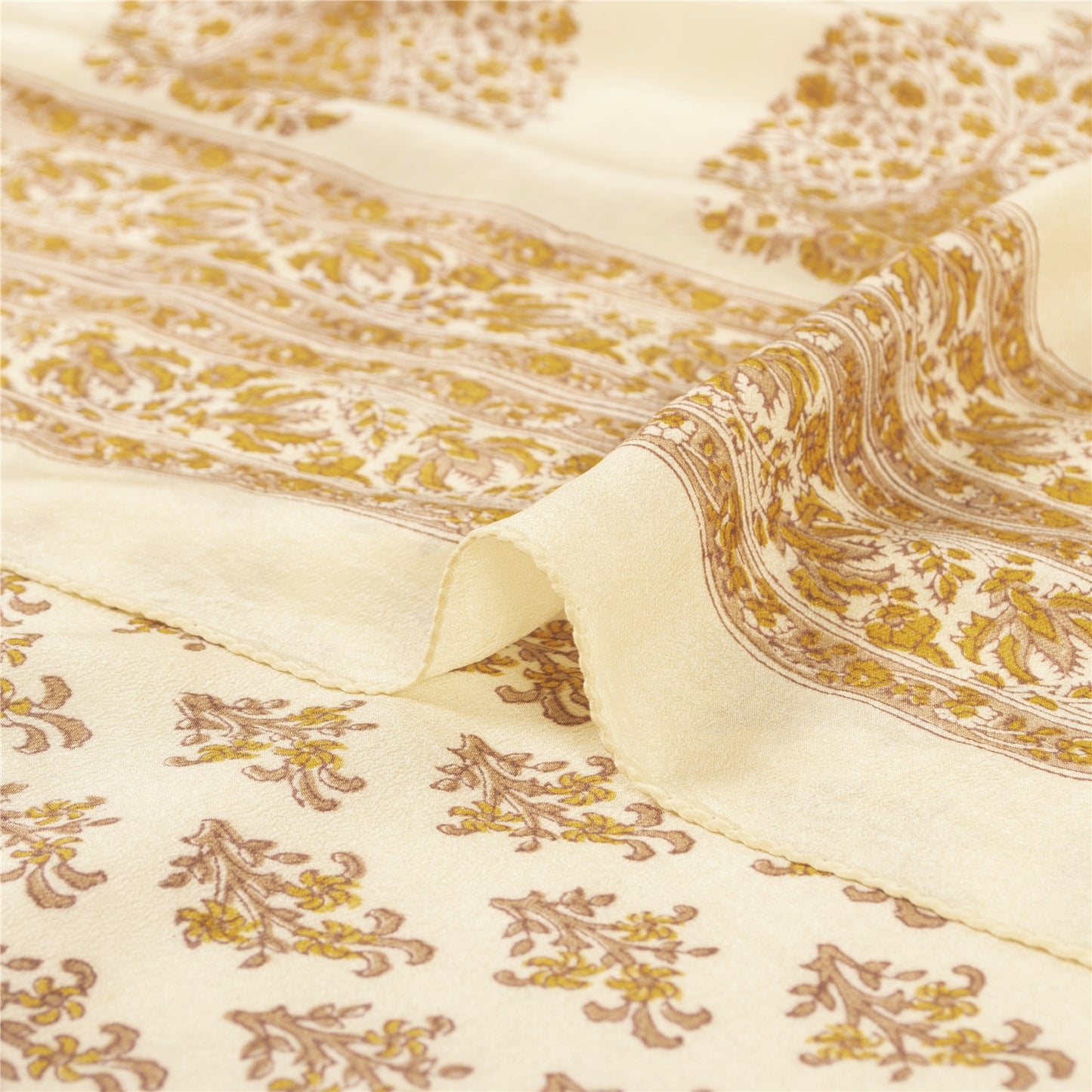 Sanskriti Vintage Sarees Ivory Pure Crepe Floral Printed Sari 5+yd Craft Supplie