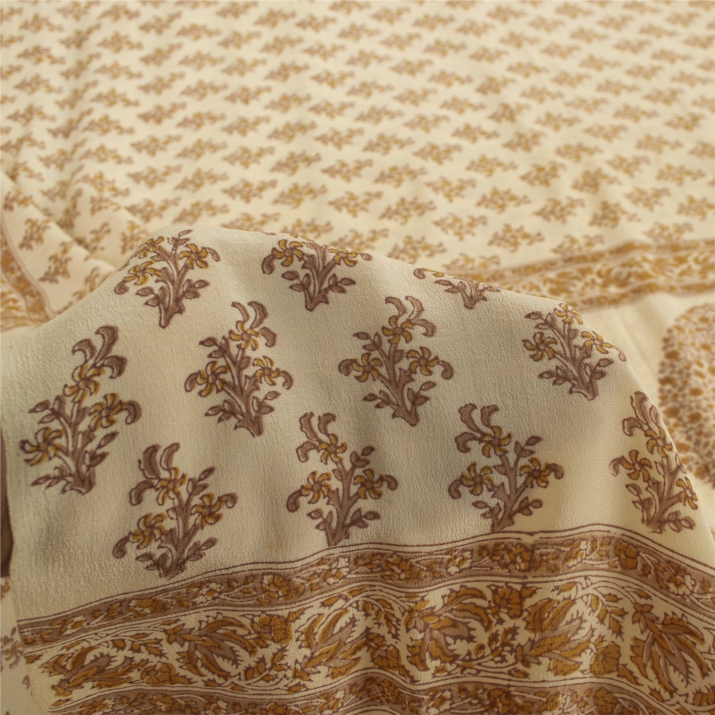 Sanskriti Vintage Sarees Ivory Pure Crepe Floral Printed Sari 5+yd Craft Supplie