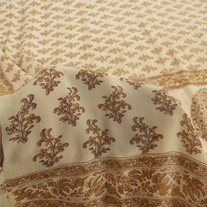 Sanskriti Vintage Sarees Ivory Pure Crepe Floral Printed Sari 5+yd Craft Supplie