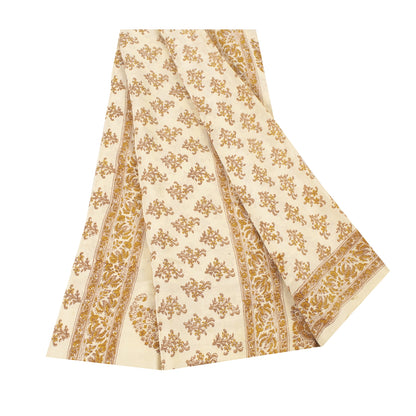 Sanskriti Vintage Sarees Ivory Pure Crepe Floral Printed Sari 5+yd Craft Supplie