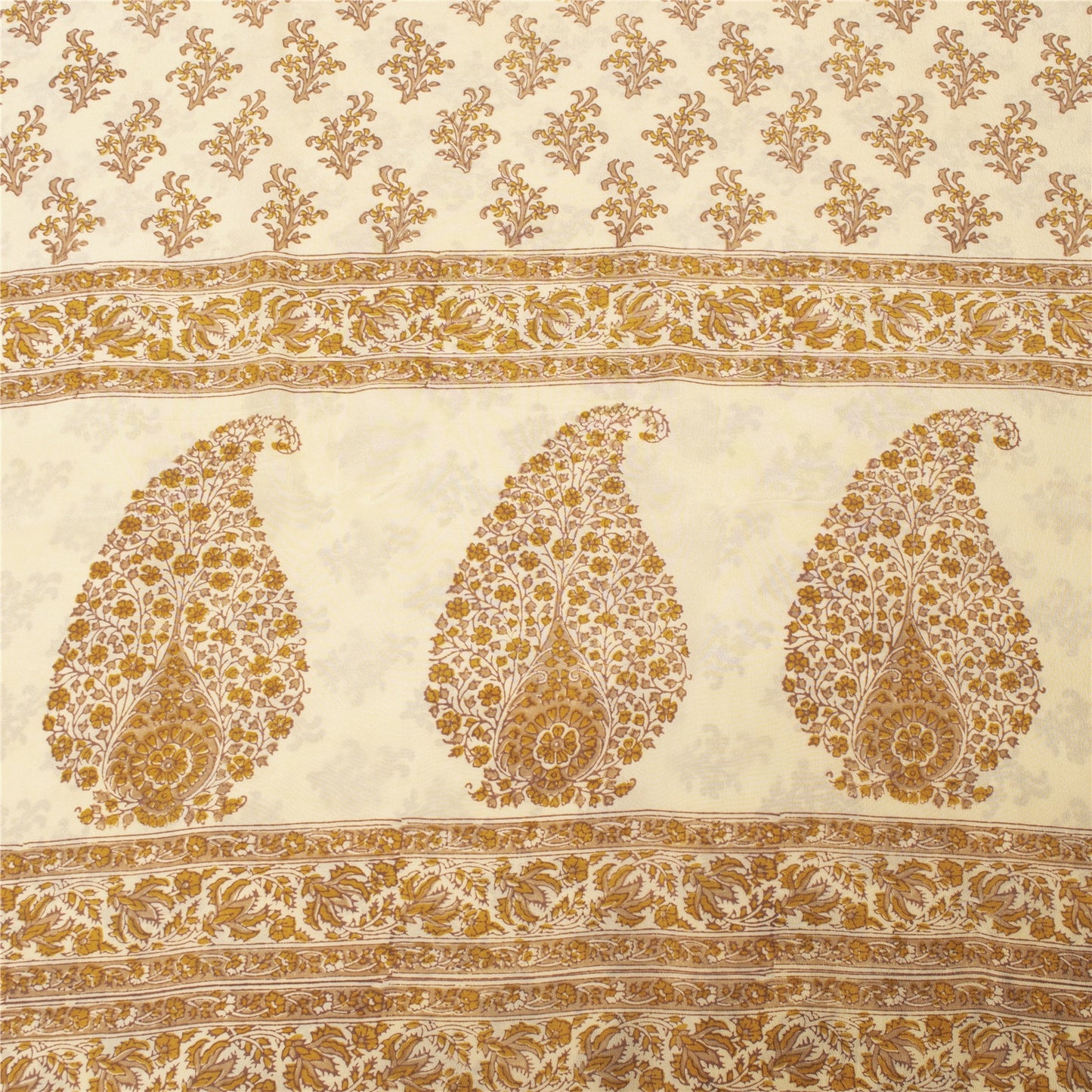 Sanskriti Vintage Sarees Ivory Pure Crepe Floral Printed Sari 5+yd Craft Supplie