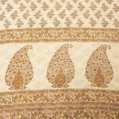 Sanskriti Vintage Sarees Ivory Pure Crepe Floral Printed Sari 5+yd Craft Supplie