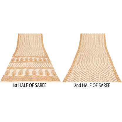 Sanskriti Vintage Sarees Ivory Pure Crepe Floral Printed Sari 5+yd Craft Supplie