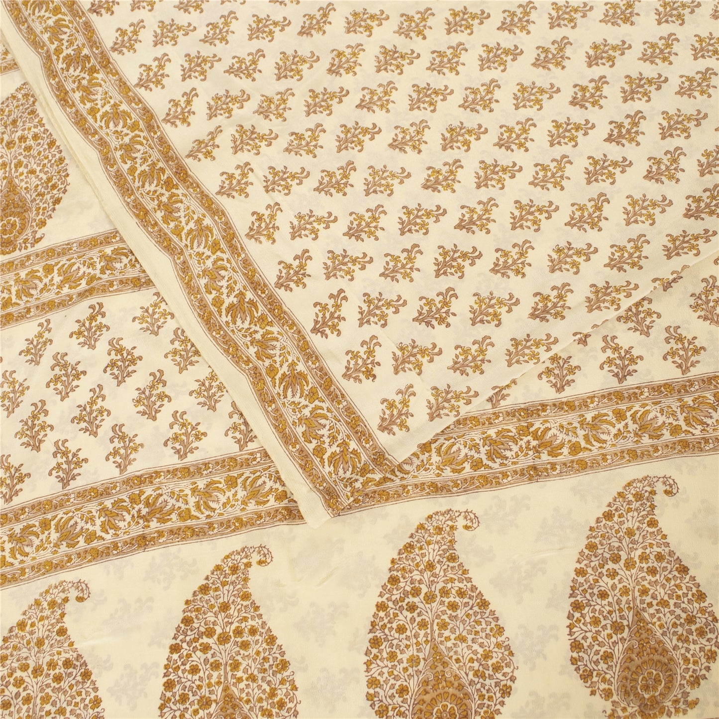 Sanskriti Vintage Sarees Ivory Pure Crepe Floral Printed Sari 5+yd Craft Supplie