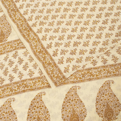 Sanskriti Vintage Sarees Ivory Pure Crepe Floral Printed Sari 5+yd Craft Supplie