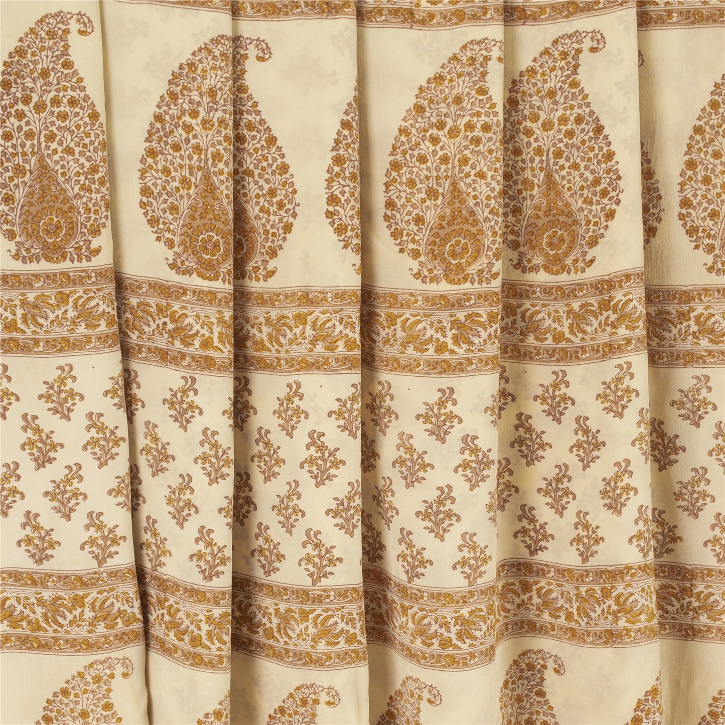 Sanskriti Vintage Sarees Ivory Pure Crepe Floral Printed Sari 5+yd Craft Supplie