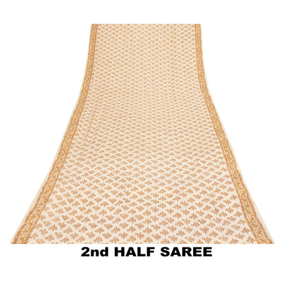 Sanskriti Vintage Sarees Ivory Pure Crepe Floral Printed Sari 5+yd Craft Supplie