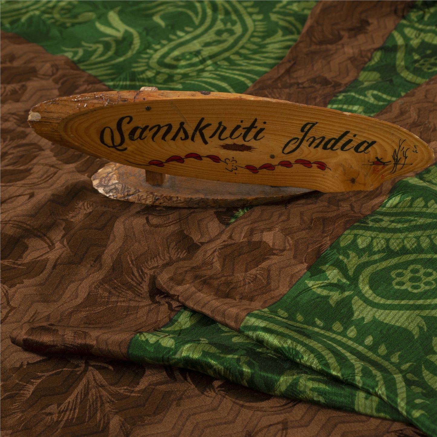 Sanskriti Vintage Sarees Green Pure Crepe Paisley Printed Sari 5+YD For Quilts