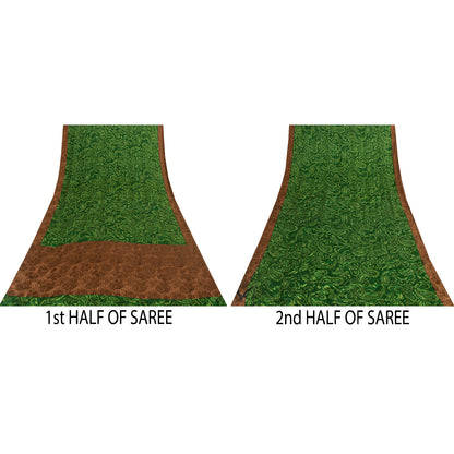 Sanskriti Vintage Sarees Green Pure Crepe Paisley Printed Sari 5+YD For Quilts