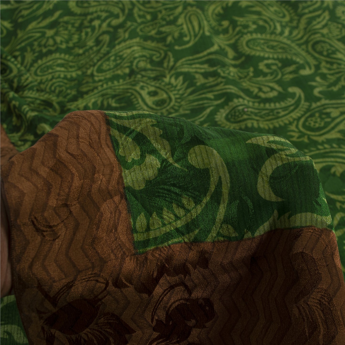 Sanskriti Vintage Sarees Green Pure Crepe Paisley Printed Sari 5+YD For Quilts