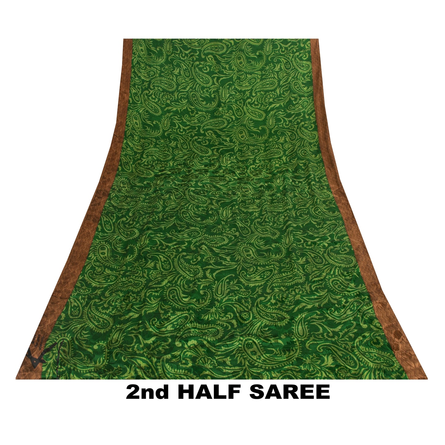 Sanskriti Vintage Sarees Green Pure Crepe Paisley Printed Sari 5+YD For Quilts