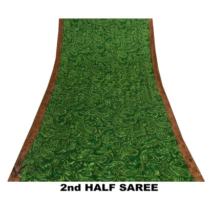 Sanskriti Vintage Sarees Green Pure Crepe Paisley Printed Sari 5+YD For Quilts