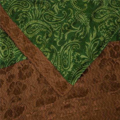 Sanskriti Vintage Sarees Green Pure Crepe Paisley Printed Sari 5+YD For Quilts