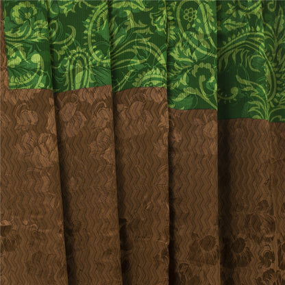 Sanskriti Vintage Sarees Green Pure Crepe Paisley Printed Sari 5+YD For Quilts