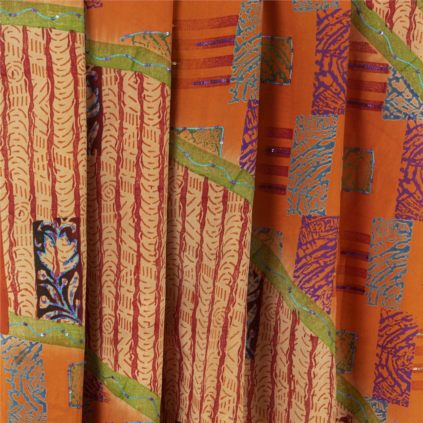Sanskriti Vintage Sarees Orange Pure Crepe Floral Print Sari 5+YD Bohomian Sari