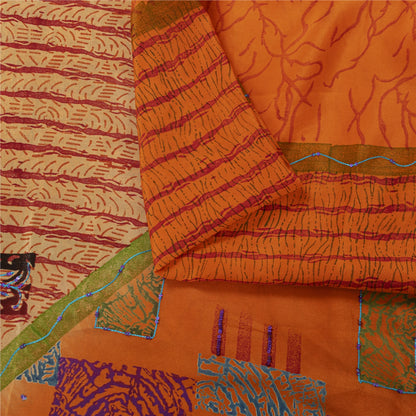 Sanskriti Vintage Sarees Orange Pure Crepe Floral Print Sari 5+YD Bohomian Sari