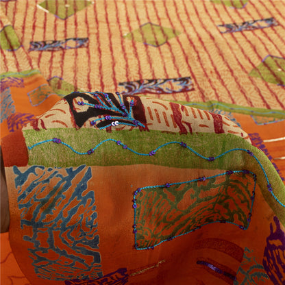 Sanskriti Vintage Sarees Orange Pure Crepe Floral Print Sari 5+YD Bohomian Sari
