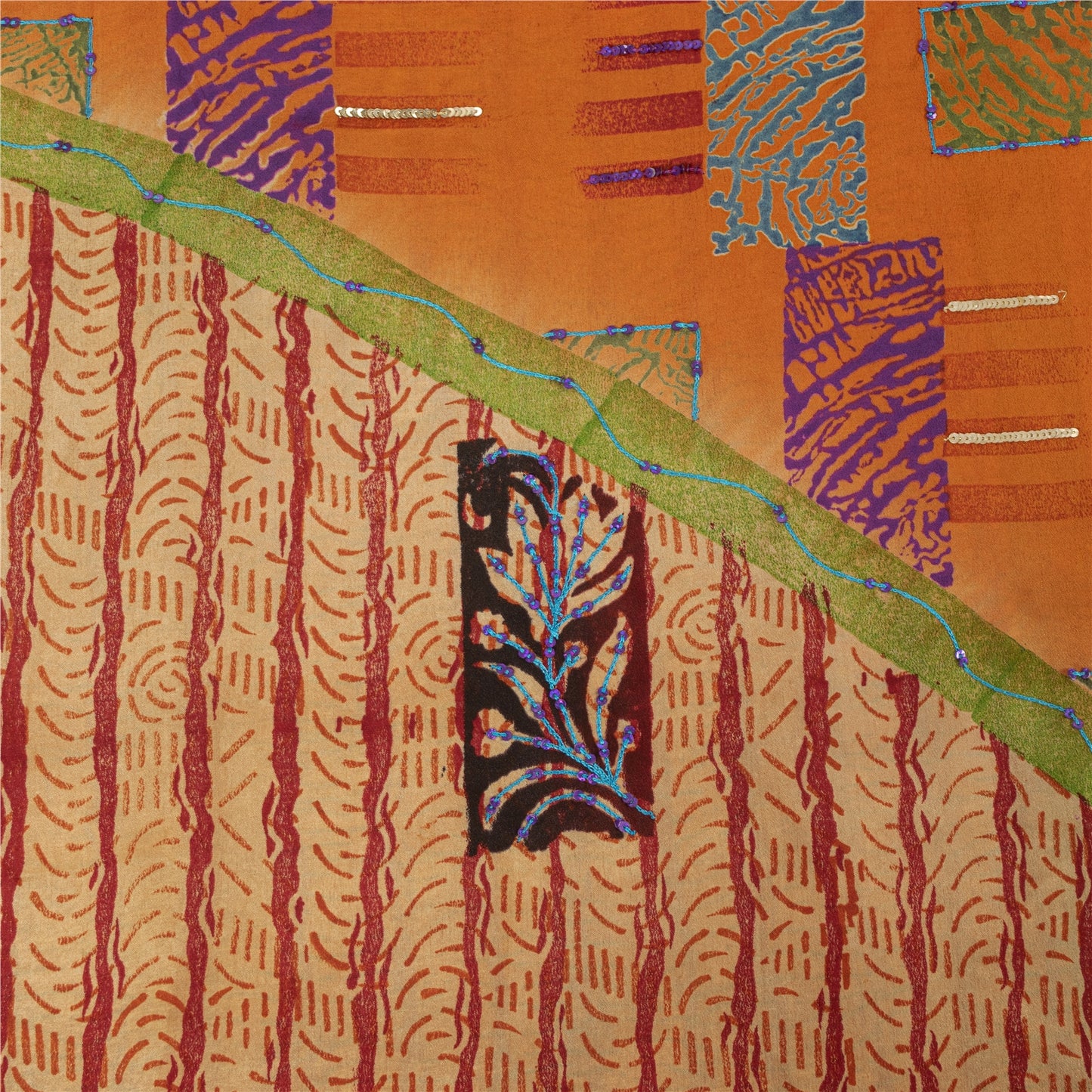 Sanskriti Vintage Sarees Orange Pure Crepe Floral Print Sari 5+YD Bohomian Sari
