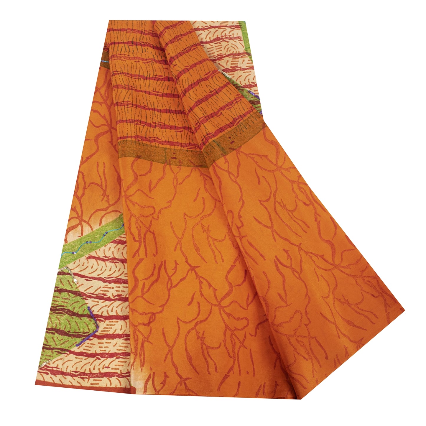 Sanskriti Vintage Sarees Orange Pure Crepe Floral Print Sari 5+YD Bohomian Sari