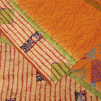 Sanskriti Vintage Sarees Orange Pure Crepe Floral Print Sari 5+YD Bohomian Sari