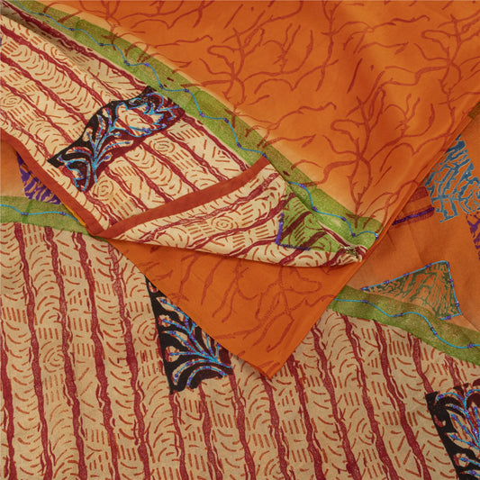 Sanskriti Vintage Sarees Orange Pure Crepe Floral Print Sari 5+YD Bohomian Sari