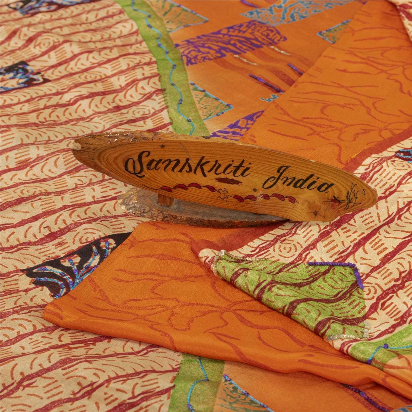 Sanskriti Vintage Sarees Orange Pure Crepe Floral Print Sari 5+YD Bohomian Sari