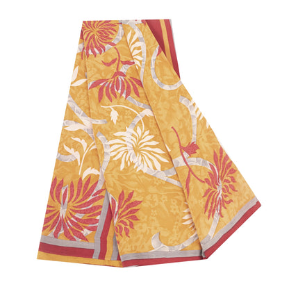 Sanskriti Vintage Sarees Yellow Pure Crepe Floral Printed 6YD Sustainable Sari