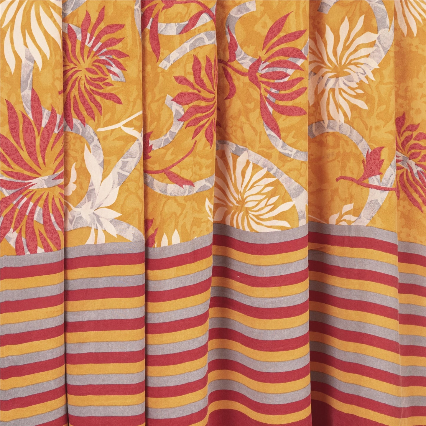 Sanskriti Vintage Sarees Yellow Pure Crepe Floral Printed 6YD Sustainable Sari