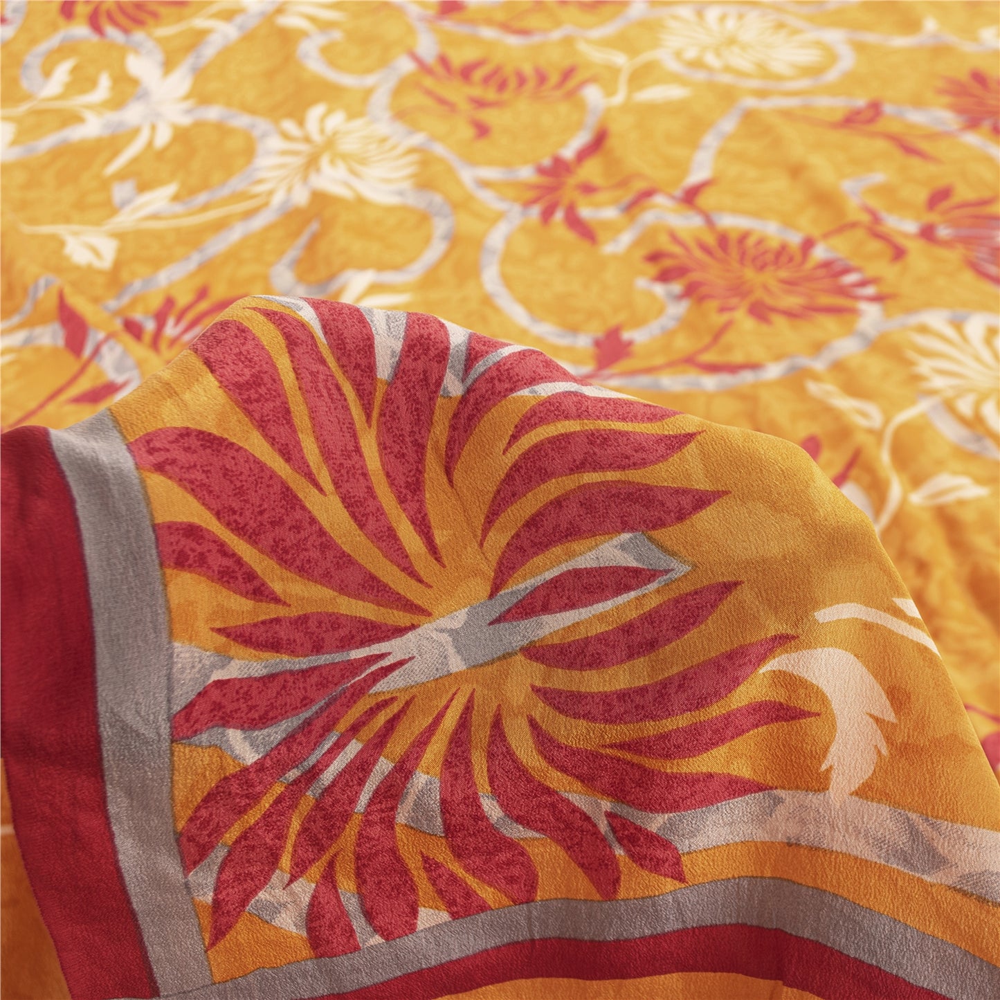Sanskriti Vintage Sarees Yellow Pure Crepe Floral Printed 6YD Sustainable Sari