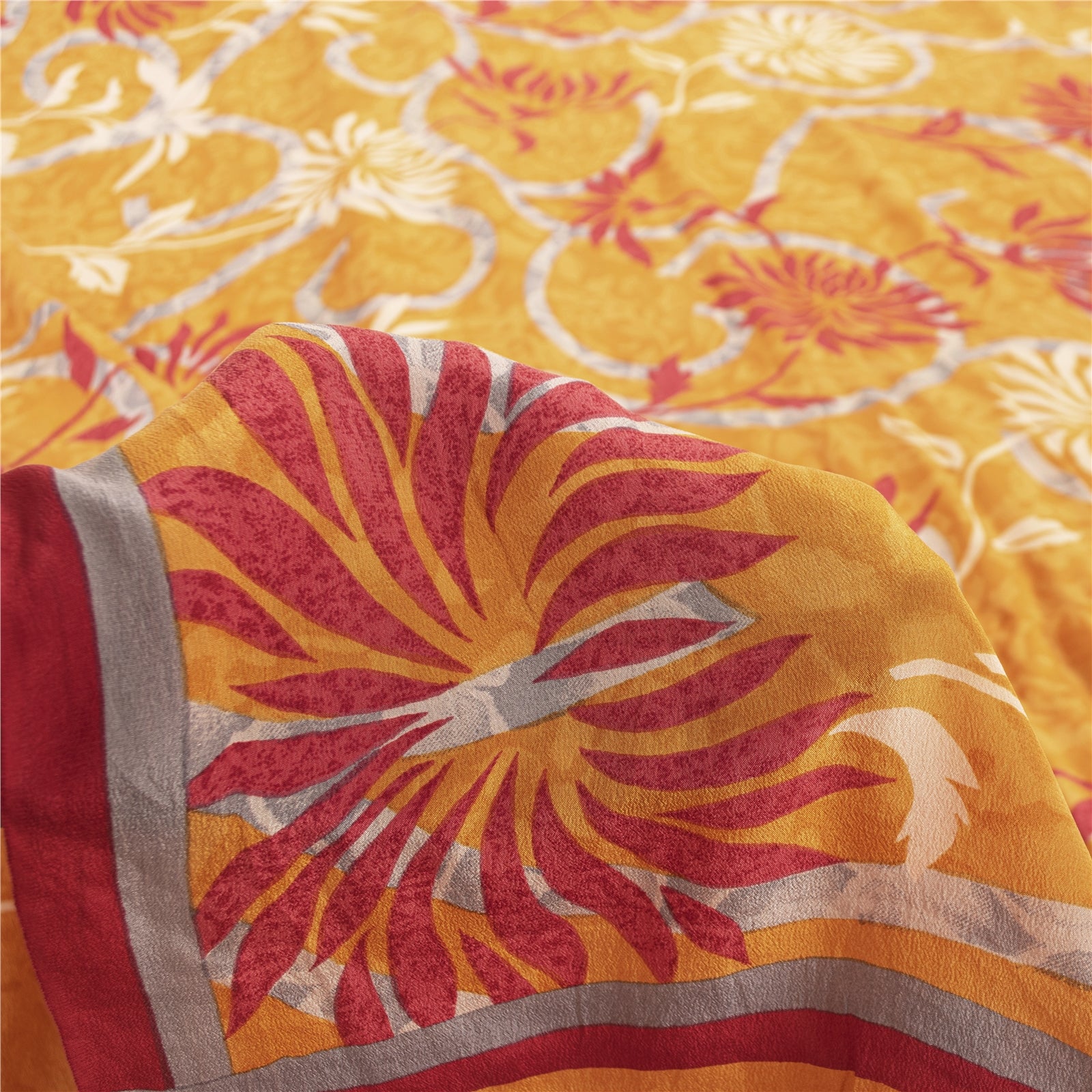 Sanskriti Vintage Sarees Yellow Pure Crepe Floral Printed 6YD Sustainable Sari