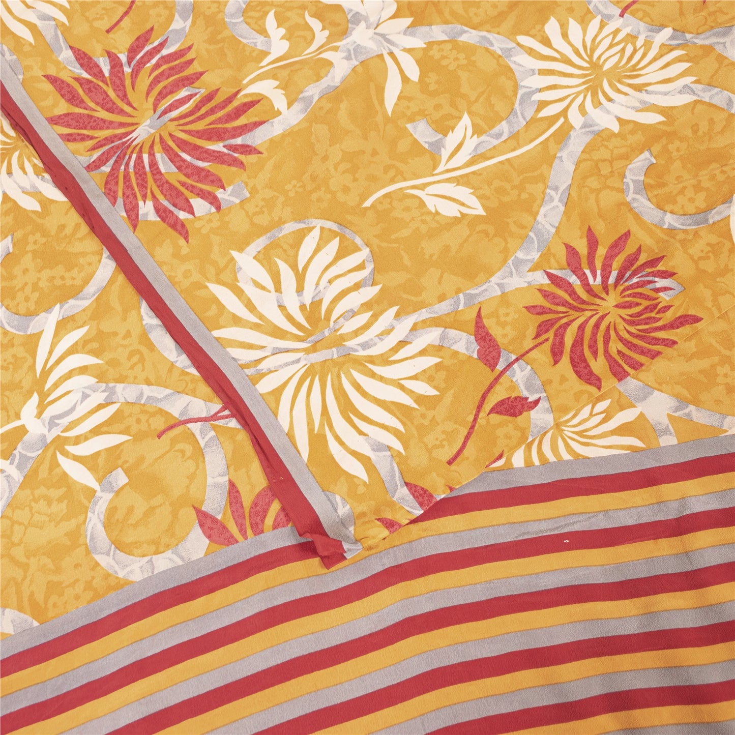 Sanskriti Vintage Sarees Yellow Pure Crepe Floral Printed 6YD Sustainable Sari
