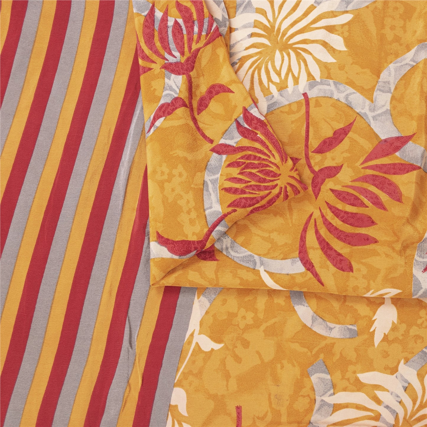 Sanskriti Vintage Sarees Yellow Pure Crepe Floral Printed 6YD Sustainable Sari