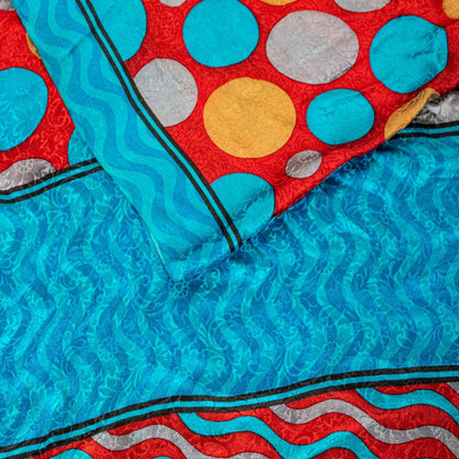 Sanskriti Vintage Sarees Red & Blue Pure Crepe Circle Print 5+YD Recycled Sari