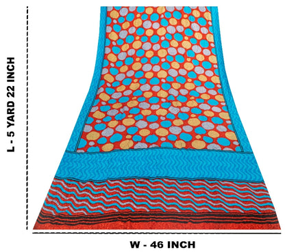Sanskriti Vintage Sarees Red & Blue Pure Crepe Circle Print 5+YD Recycled Sari