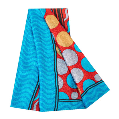 Sanskriti Vintage Sarees Red & Blue Pure Crepe Circle Print 5+YD Recycled Sari