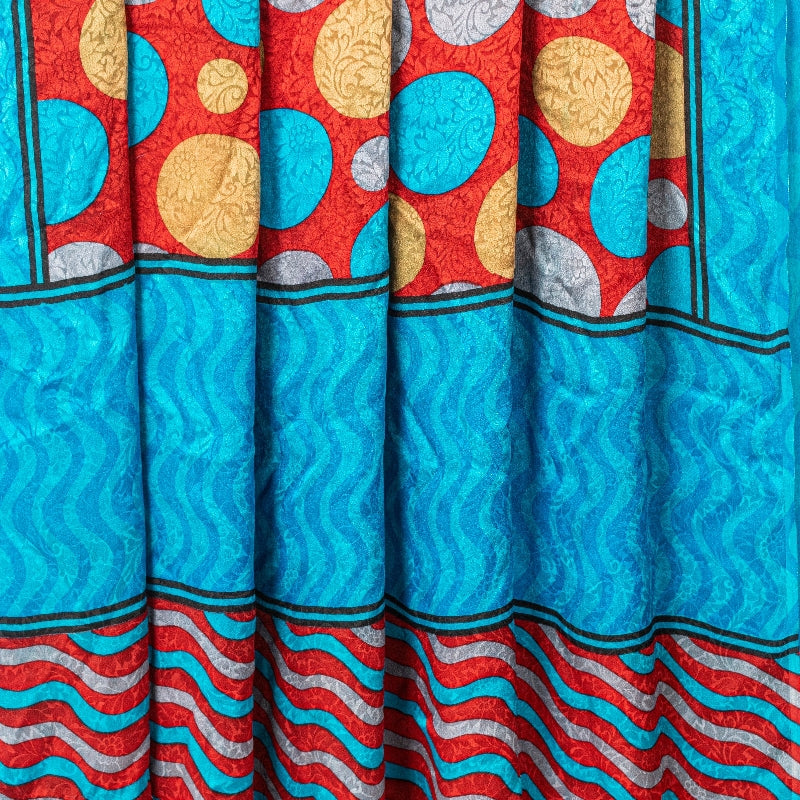 Sanskriti Vintage Sarees Red & Blue Pure Crepe Circle Print 5+YD Recycled Sari