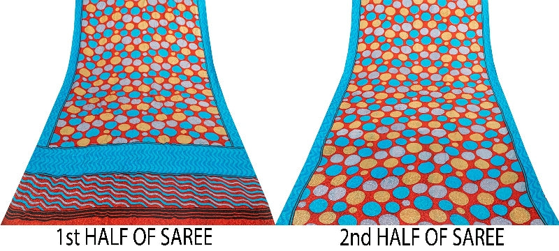 Sanskriti Vintage Sarees Red & Blue Pure Crepe Circle Print 5+YD Recycled Sari