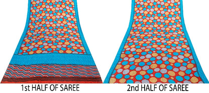 Sanskriti Vintage Sarees Red & Blue Pure Crepe Circle Print 5+YD Recycled Sari