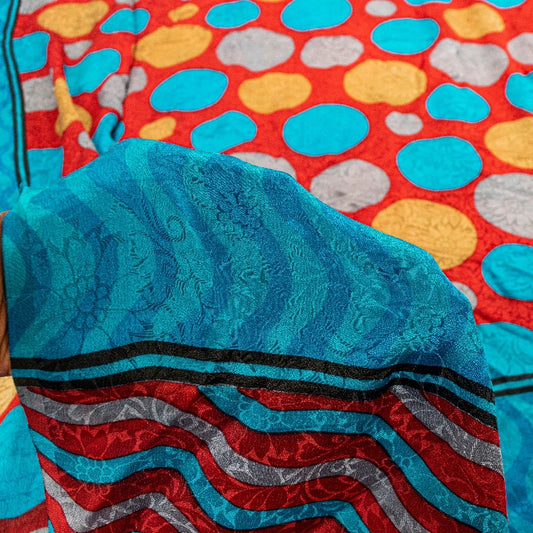 Sanskriti Vintage Sarees Red & Blue Pure Crepe Circle Print 5+YD Recycled Sari