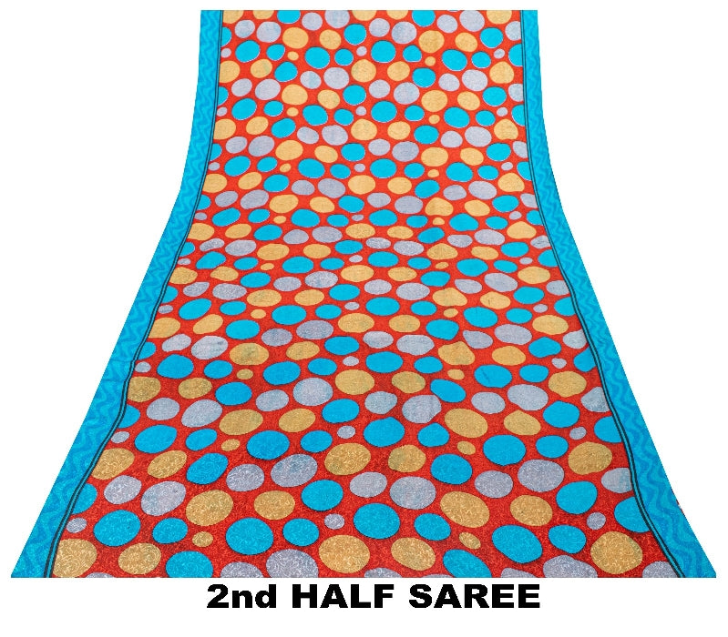 Sanskriti Vintage Sarees Red & Blue Pure Crepe Circle Print 5+YD Recycled Sari