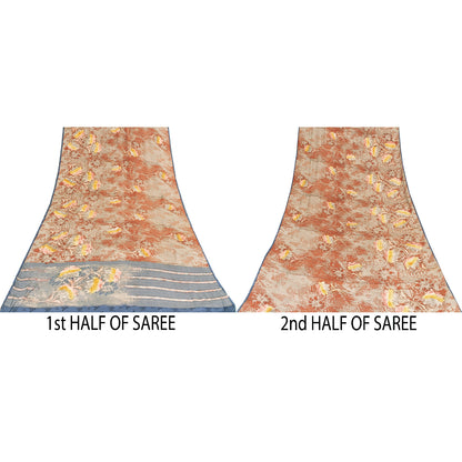 Sanskriti Vintage Sarees Red 100%Pure Crepe Floral Printed 5+YD Sustainable Sari