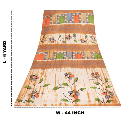 Sanskriti Vintage Sarees Pure Crepe Floral Hand-Paint & Tie-Dye Sari 6YD Fabric
