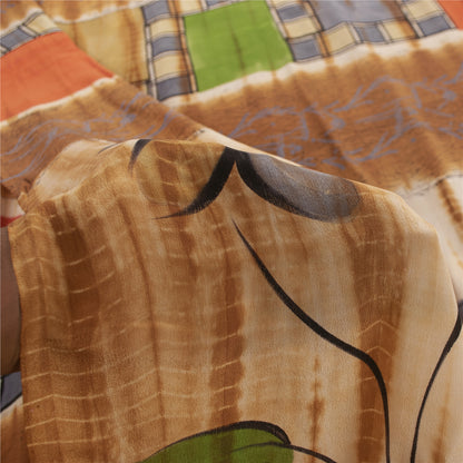Sanskriti Vintage Sarees Pure Crepe Floral Hand-Paint & Tie-Dye Sari 6YD Fabric