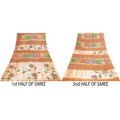 Sanskriti Vintage Sarees Pure Crepe Floral Hand-Paint & Tie-Dye Sari 6YD Fabric