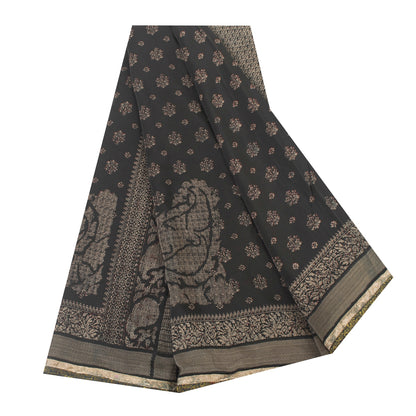 Sanskriti Vintage Sarees Black Pure Crepe Floral Printed 5+YD Eco-Friendly Sari